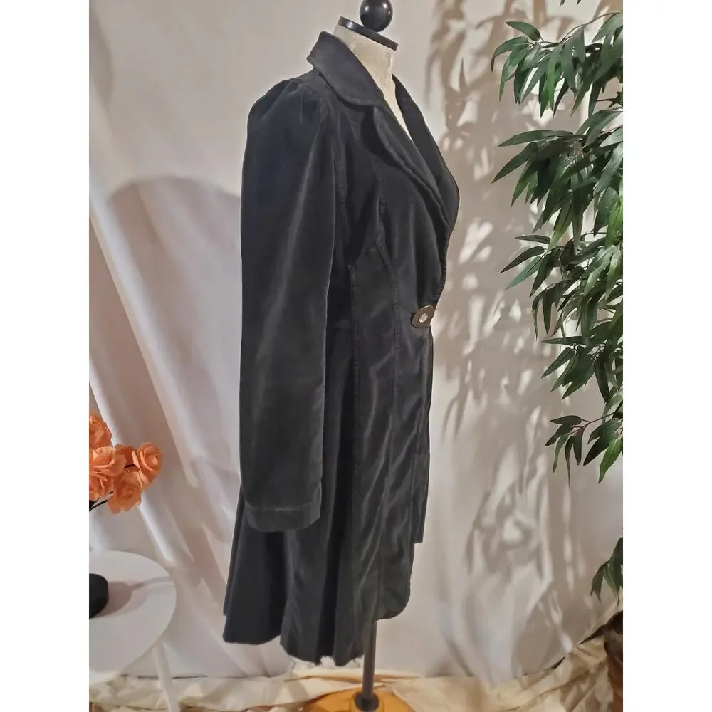 Vtg Y2K Bisou Bisou Fine Wale Corduroy Raw Hem Long Trench Jacket L Black Goth - Picture 2 of 11